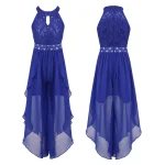 Combinaison robe de soirée pour filles robe de bal élégante en dentelle et mousseline style Aline ceinture ornée couleur bleu royal soirée formelle