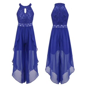 Combinaison robe de soirée pour filles robe de bal élégante en dentelle et mousseline style Aline ceinture ornée couleur bleu royal soirée formelle