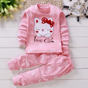Pyjama en Coton pour Bébé Fille Ensemble 2 Pièces Design Chat Mignon Finition Douce Saison Printemps 13 Ans