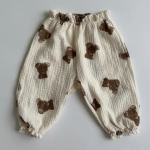 Pantalon bébé en mousseline coton biologique imprimé ours mignon capri printemps été automne hiver vêtement doux confort usage quotidien Pantalon bébé en mousseline coton biologique imprimé ours mignon capri printemps été automne hiver vêtement doux confort usage quotidien