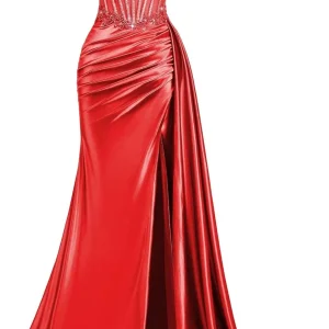 Robe de soirée élégante pour occasions spéciales robe de bal longue en satin doré avec détails en strass dos nu sans manches