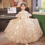 Robe de princesse pour filles soirée mariage piano festival en gaze moelleuse paillettes style formel longueur cheville sans manches