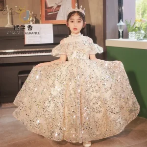 Robe de princesse pour filles soirée mariage piano festival en gaze moelleuse paillettes style formel longueur cheville sans manches