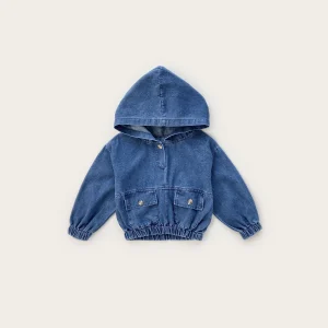 Veste en denim pour enfant avec capuche et poches style moderne bleu vêtements bébé 24 ans collection automne 2023 Veste en denim pour enfant avec capuche et poches style moderne bleu vêtements bébé 24 ans collection automne 2023