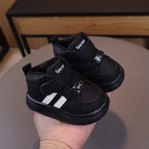 Chaussures enfants hautes Sport WG simili cuir noir fermeture scratch ventilation confort bébé garçon fille 13 ans