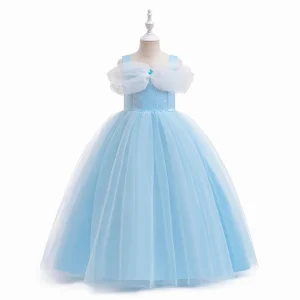 Robe princesse Cendrillon fille enfants déguisement paillettes soirée fête bleu pastel tulle satin longueur cheville costume enfant 38 ans