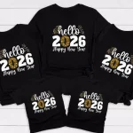 Tshirt famille New Year 2026 Happy Happy Happy célébration tissu doux motif feux d&rsquo;artifice taille ajustée confortable