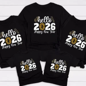 Tshirt famille New Year 2026 Happy Happy Happy célébration tissu doux motif feux d&rsquo;artifice taille ajustée confortable