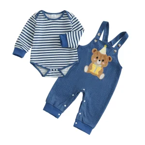 Tenue d&rsquo;automne pour bébé garçon barboteuse rayée à manches longues et pantalon global brodé d&rsquo;ours ensemble de 2 pièces