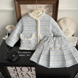 Ensemble vêtements enfants costume tweed manteau polaire  jupe plissée 2 pièces filles 27 ans style mode occasionnel fausse fourrure collection 2023