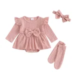 Romper Set 3Piece for Baby Girls Long Sleeves Ruffled Soft Pink Headband & Socks Cute Baby Girl Outfit Size 13 Years