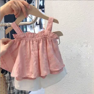 Ensemble vêtements été dentelle ajourée filles Tshirt sans manches short tenue décontractée bébé 2021 rose