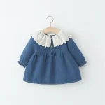 Robe bébé fille denim manches longues col blanc nœud Aline 12 ans style classique moderne confortable robe enfant fille