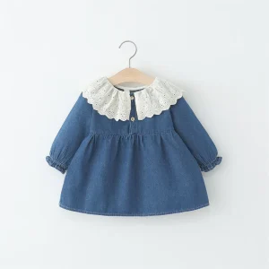 Robe bébé fille denim manches longues col blanc nœud Aline 12 ans style classique moderne confortable robe enfant fille Robe bébé fille denim manches longues col blanc nœud Aline 12 ans style classique moderne confortable robe enfant fille