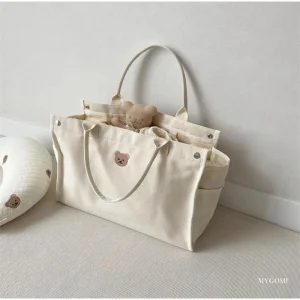 Sac à couches en coton MY GOMI beige avec ours sac fourretout maman poussette change rangement bébé poignées pratiques design moderne Sac à couches en coton MY GOMI beige avec ours sac fourretout maman poussette change rangement bébé poignées pratiques design moderne