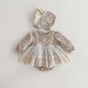 Robe dentelle floral fille nouveauné 024 mois manches longues chapeau assorti tenue bébé fille baptismême anniversaire