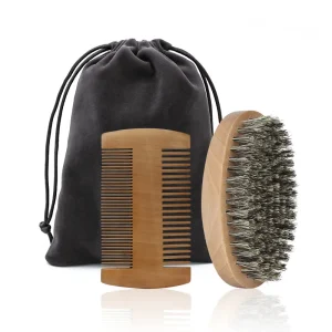 Kit de soins de barbe 4 en 1 Peigne en bois et brosse en soie Sac de rangement Idéal pour hommes Voyage Pratique Élégant Soins de moustache