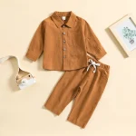 Ensemble chemise et pantalon en lin et coton pour bébé garçon et fille 15 ans printemps automne brown Mom Susy