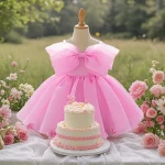 Robe douce rose bébé fille nœud volumineux tissu doux polyester viscose occasion festive veste porté printemps été