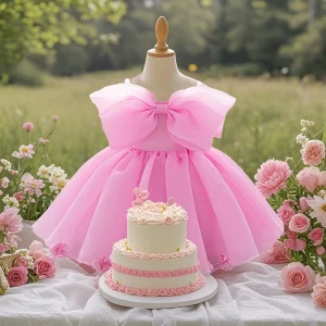 Robe douce rose bébé fille nœud volumineux tissu doux polyester viscose occasion festive veste porté printemps été