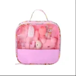 Kit de soins bébé 13 pièces Grooming portable Pince à ongles Peigne Brosse Accessoires Rose Finition douce Étui transport