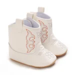 Bottines d&rsquo;hiver bébé style western bottes rétro motifs fleurs orange 01 ans antidérapantes semelle souple blanc et gris nouvelle collection