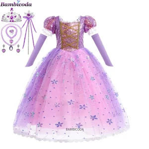 Robe princesse anime Rapunzel pour filles déguisement carnaval anniversaire robe d&rsquo;été en polyester tulle accessoires incluts