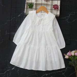 Robe en coton blanc à fleurs brodées pour filles manches longues silhouette Aline fermeture à boutons occasions spéciales 46 ans Robe en coton blanc à fleurs brodées pour filles manches longues silhouette Aline fermeture à boutons occasions spéciales 46 ans