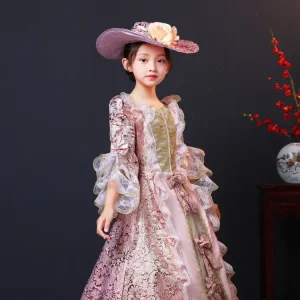 Costume princesse médiévale filles enfants palais déguisement vintage à volants robe chapeau set3