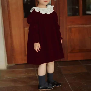 Robe de cérémonie pour filles en velours col rond manches longues style élégant et décontracté hiver 2025 bordeaux Robe de cérémonie pour filles en velours col rond manches longues style élégant et décontracté hiver 2025 bordeaux