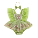 Tenue pour nouveau-né fille, manches volantes, broderie de fleurs, Tulle, Patchwork, barboteuse avec nœud, bandeau, vêtements d&rsquo;été pour enfants