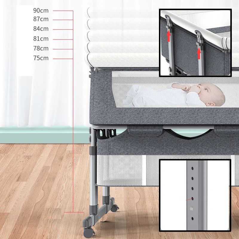 Lit bébé cosleeping double avec séparateur central amovible et filet respirant en métal et tissu gris