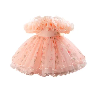 Robe de baptême bébé fille floral papillon volants sans manches double couche maille rose pastel robe trapèze Robe de baptême bébé fille floral papillon volants sans manches double couche maille rose pastel robe trapèze