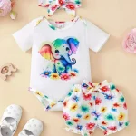 Ensemble 3 pièces pour nouveauné body éléphant arcenciel short fleurs bandeau nœud printemps été vêtements mignons bébé filles 01 ans