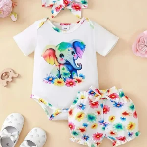 Ensemble 3 pièces pour nouveauné body éléphant arcenciel short fleurs bandeau nœud printemps été vêtements mignons bébé filles 01 ans Ensemble 3 pièces pour nouveauné body éléphant arcenciel short fleurs bandeau nœud printemps été vêtements mignons bébé filles 01 ans