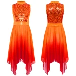 Robe de danse moderne pour filles robe de spectacle sans manches corsage paillettes brillantes tunique fluide style asymétrique couleur dégradé orangerouge
