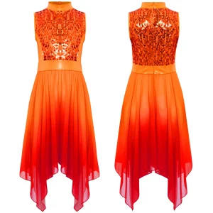 Robe de danse moderne pour filles robe de spectacle sans manches corsage paillettes brillantes tunique fluide style asymétrique couleur dégradé orangerouge