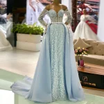 Robe de soirée élégante pour bébé épaules dénudées manches longues traîne détachable robe de bal formelle personnalisée 2025