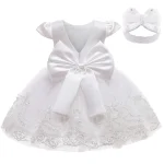 Robe de cérémonie pour enfant fille satin et tulle nœud surdimensionné dos en V robe formelle pour mariage baptême anniversaire blanc