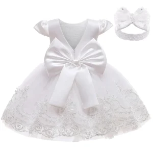 Robe de cérémonie pour enfant fille satin et tulle nœud surdimensionné dos en V robe formelle pour mariage baptême anniversaire blanc