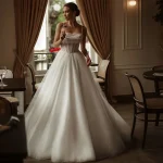 Robe de mariée à paillettes et perles bretelles spaghetti ligne A personnalisable 2025