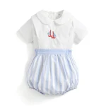 Ensemble vêtements bébé garçon 2 pièces combinaison coton blanc brodé bateau motif marin été nouveauné
