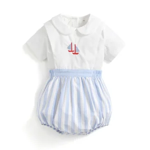 Ensemble vêtements bébé garçon 2 pièces combinaison coton blanc brodé bateau motif marin été nouveauné Ensemble vêtements bébé garçon 2 pièces combinaison coton blanc brodé bateau motif marin été nouveauné