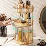 Organisateur de cosmétiques rotatif 3 niveaux pour salle de bain rangement pratique design élégant en métal doré idéal pour soins bébé