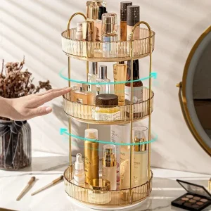 Organisateur de cosmétiques rotatif 3 niveaux pour salle de bain rangement pratique design élégant en métal doré idéal pour soins bébé