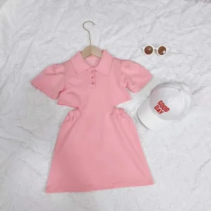 Robe à manches courtes bébé fille 1 à 10 ans été style polo col rabattu couleur unie confortable Robe à manches courtes bébé fille 1 à 10 ans été style polo col rabattu couleur unie confortable