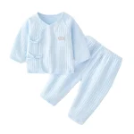 Ensemble pyjama bébé bleu uni manches longues texture côtelée doux confort sommeil nuit 06 mois