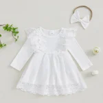 Robe bébé fille en coton et tulle floral 3D manches longues tissu rayé tulle brodé nœud papillon 36M