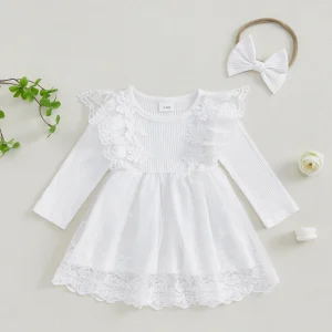 Robe bébé fille en coton et tulle floral 3D manches longues tissu rayé tulle brodé nœud papillon 36M