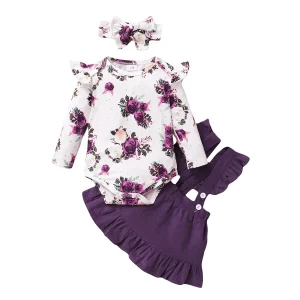 Ensemble de vêtements pour nouveauné fille body à manches longues jupe à bretelles bandeau floral printemps automne 012 mois 3 pièces Ensemble de vêtements pour nouveauné fille body à manches longues jupe à bretelles bandeau floral printemps automne 012 mois 3 pièces